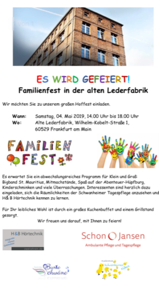 Grafik mit der Einladung zum Familienfest 2019 des Pflegedienst Schon & Jansen Frankfurt-Schwanheim