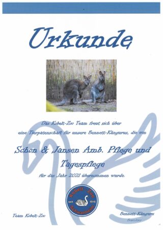 Grafik der Urkunde zur Tierpatenschaft des Kobelt-Zoo von Schon & Jansen Standort Frankfurt-Schwanheim